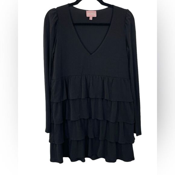 Show Me Your Mumu Top Tier Mini Dress Size SMALL Black Long sleeve Ruffle - Picture 3 of 8